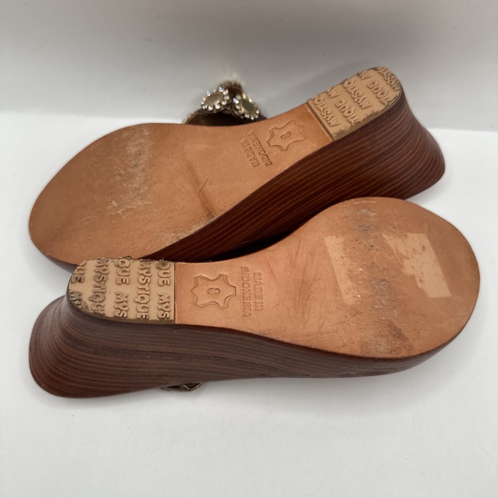 Mystique Brown Leather Jeweled Crystal Stone Embellished Wedge Sandals Sz 8 - Picture 5 of 7